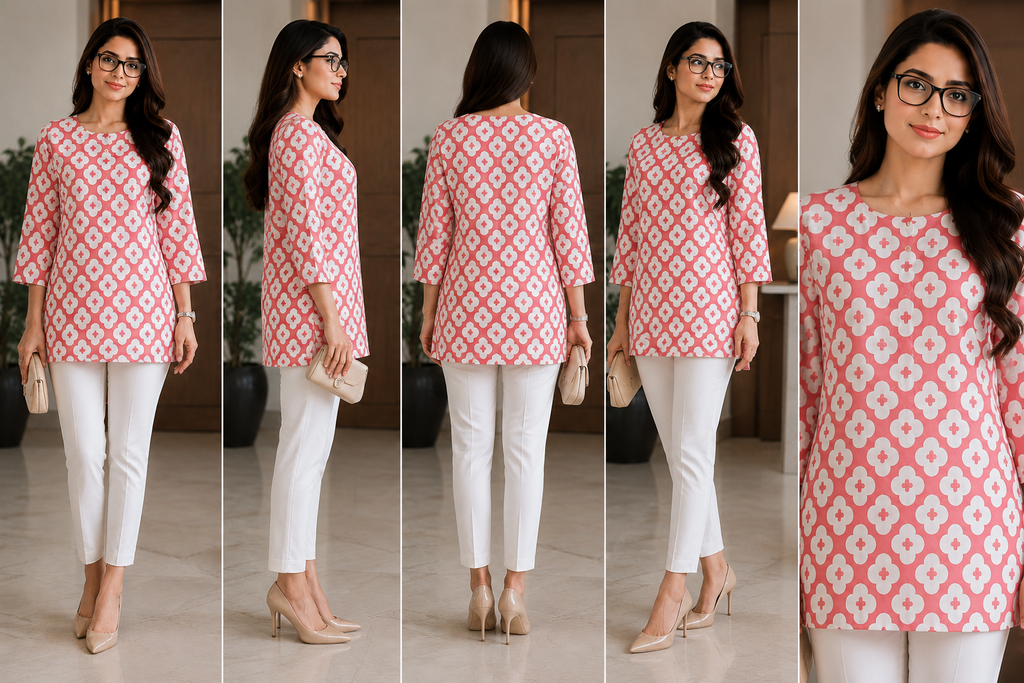 Coral Pink Geometric Print Women’s Kurti