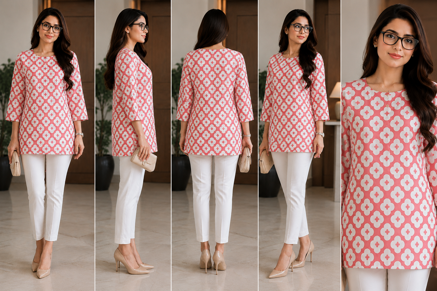 Coral Pink Geometric Print Women’s Kurti
