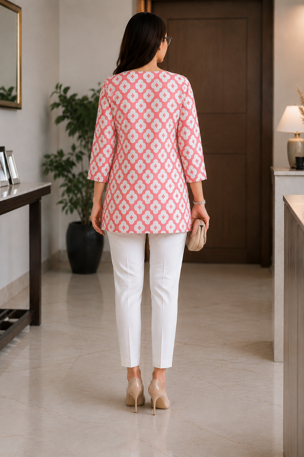 Coral Pink Geometric Print Women’s Kurti