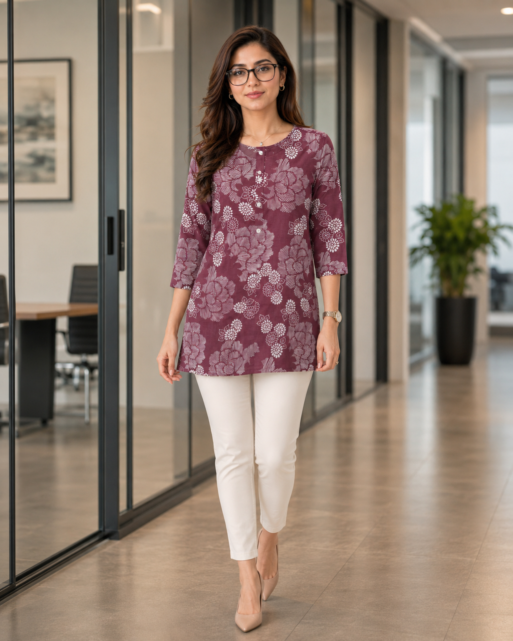 Brown Floral Office Wear Kurti