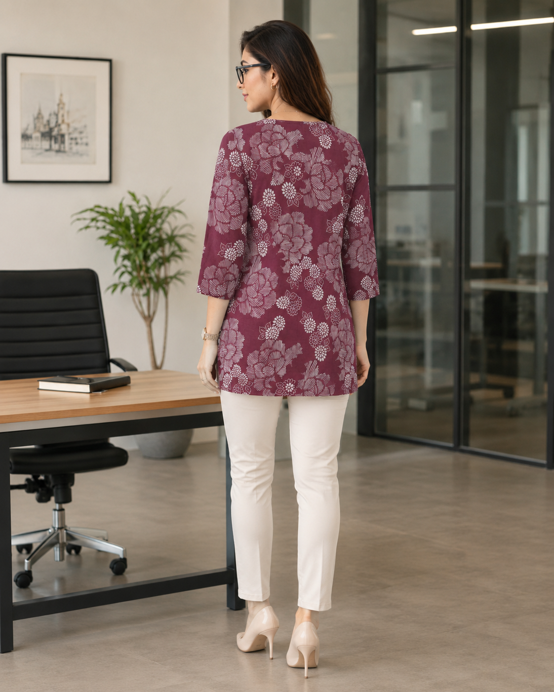Brown Floral Office Wear Kurti