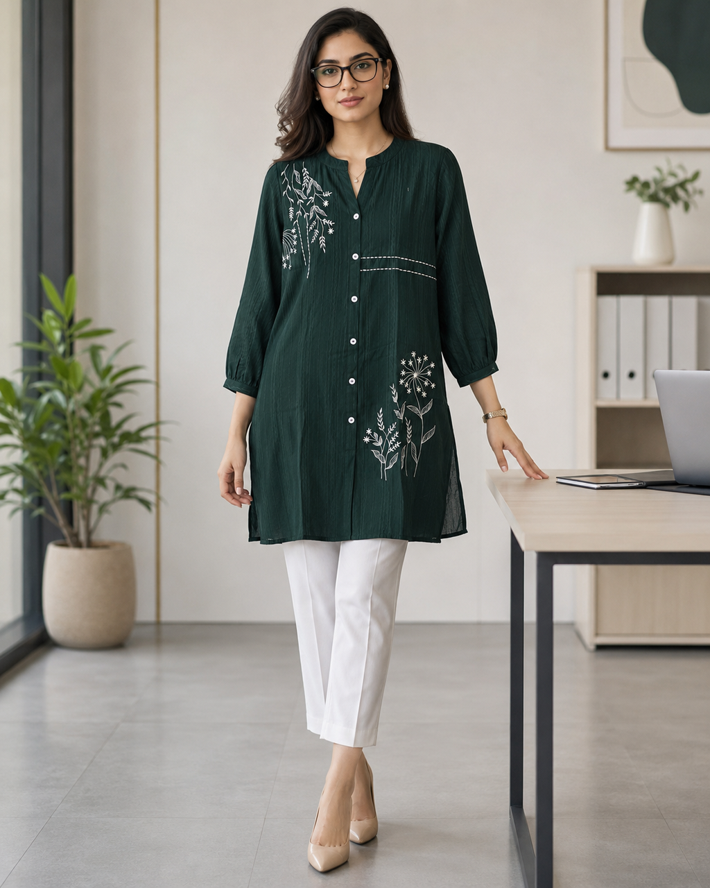 Olive Green Mixed Silk Thread Work Kurti
