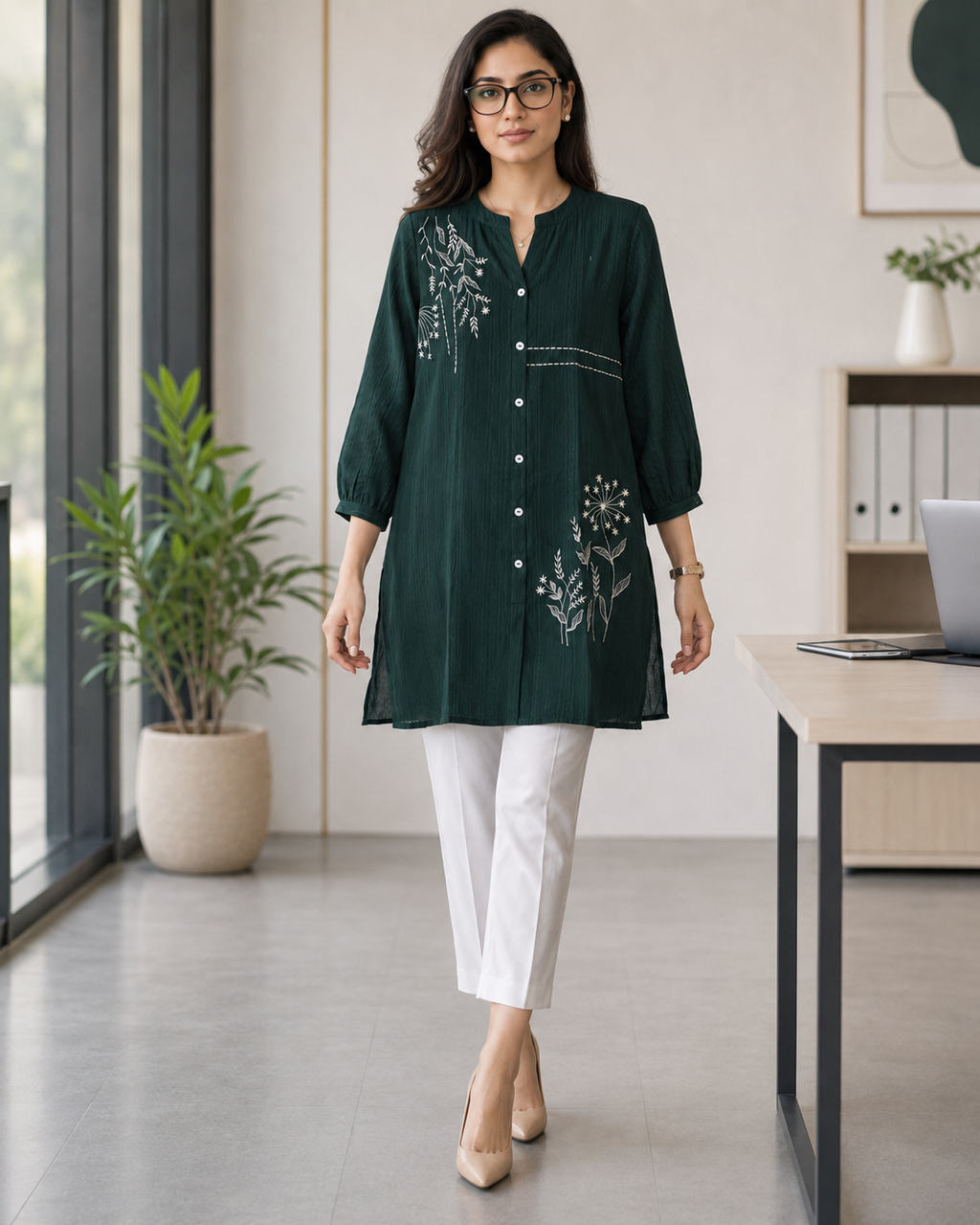 Olive Green Mixed Silk Thread Work Kurti