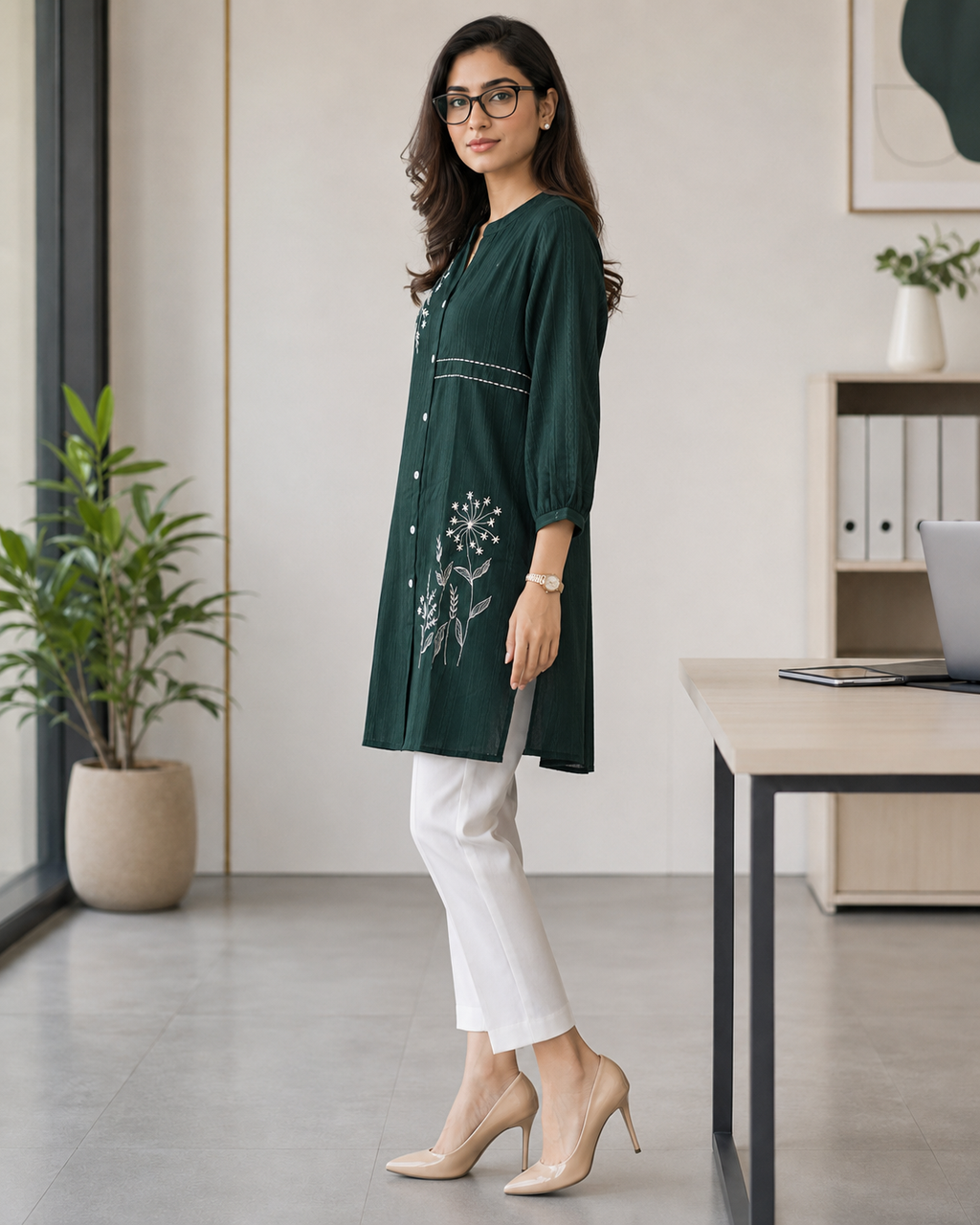 Olive Green Mixed Silk Thread Work Kurti