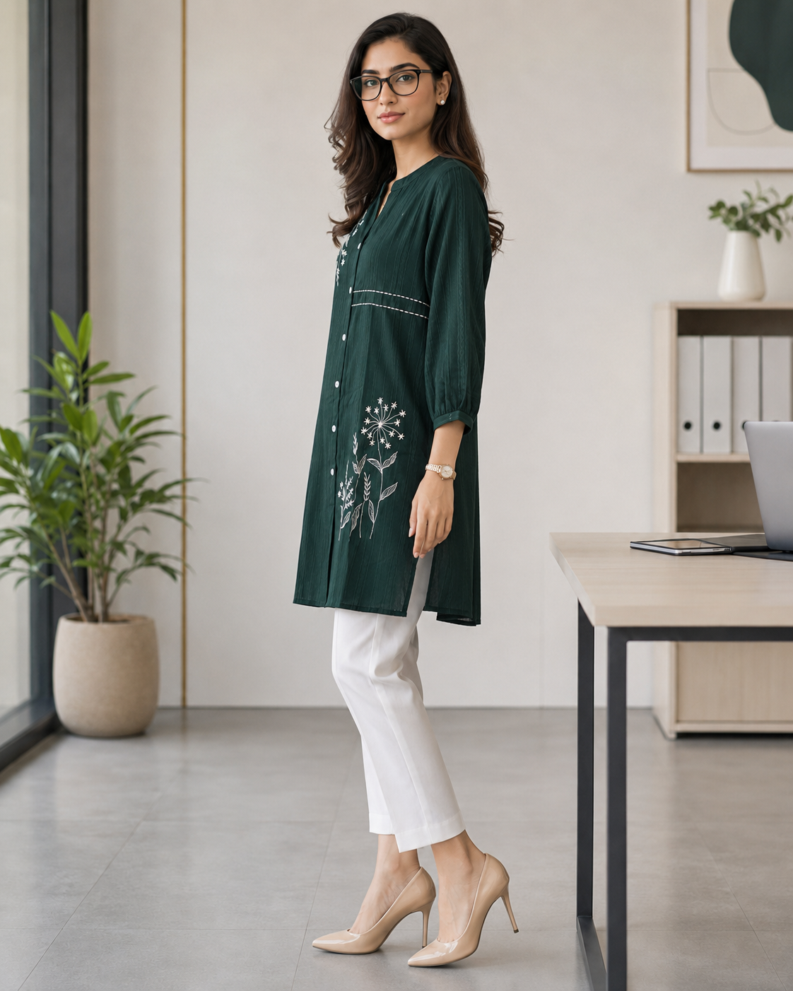 Olive Green Mixed Silk Thread Work Kurti