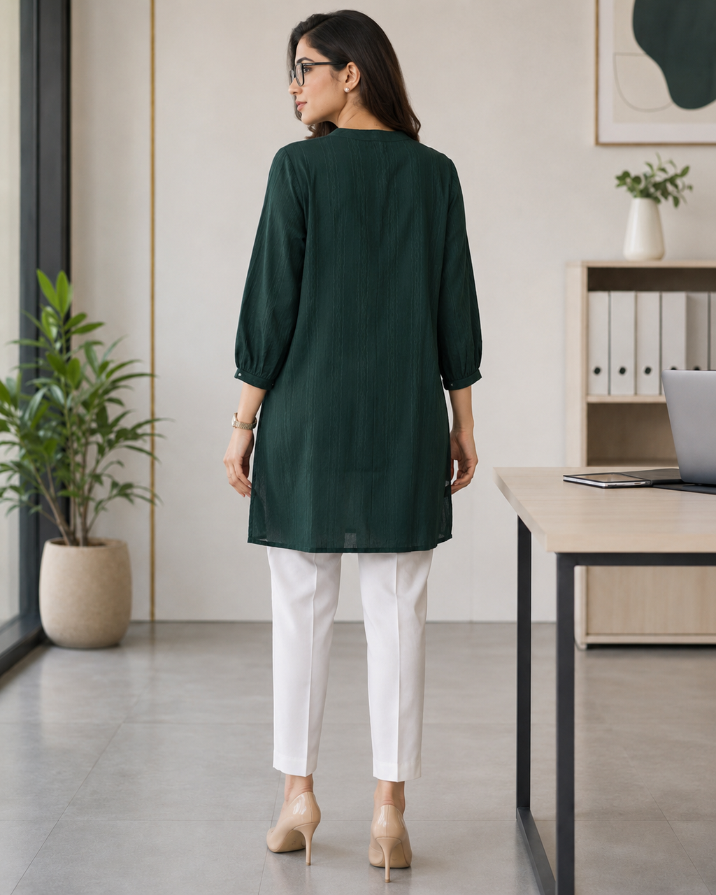 Olive Green Mixed Silk Thread Work Kurti