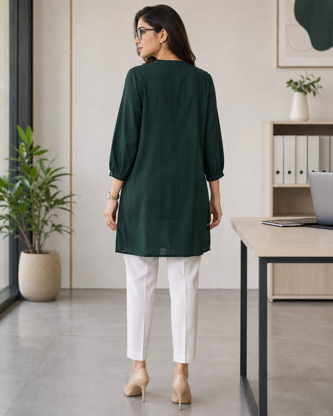 Olive Green Mixed Silk Thread Work Kurti