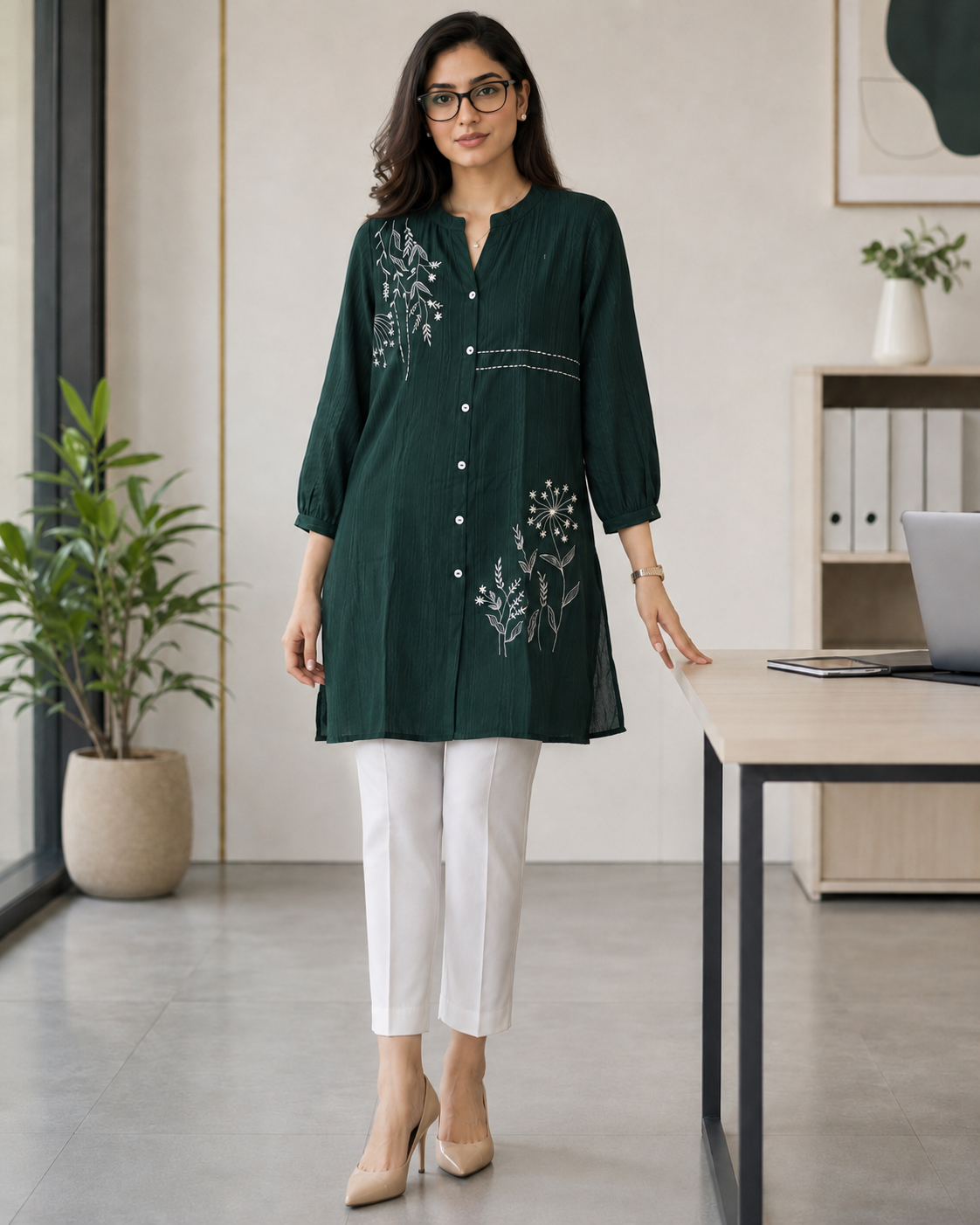 Olive Green Mixed Silk Thread Work Kurti