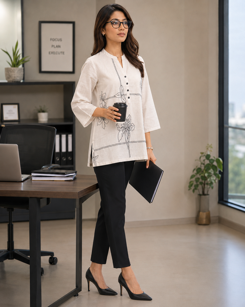 Cream Linen Black Thread Work Kurti