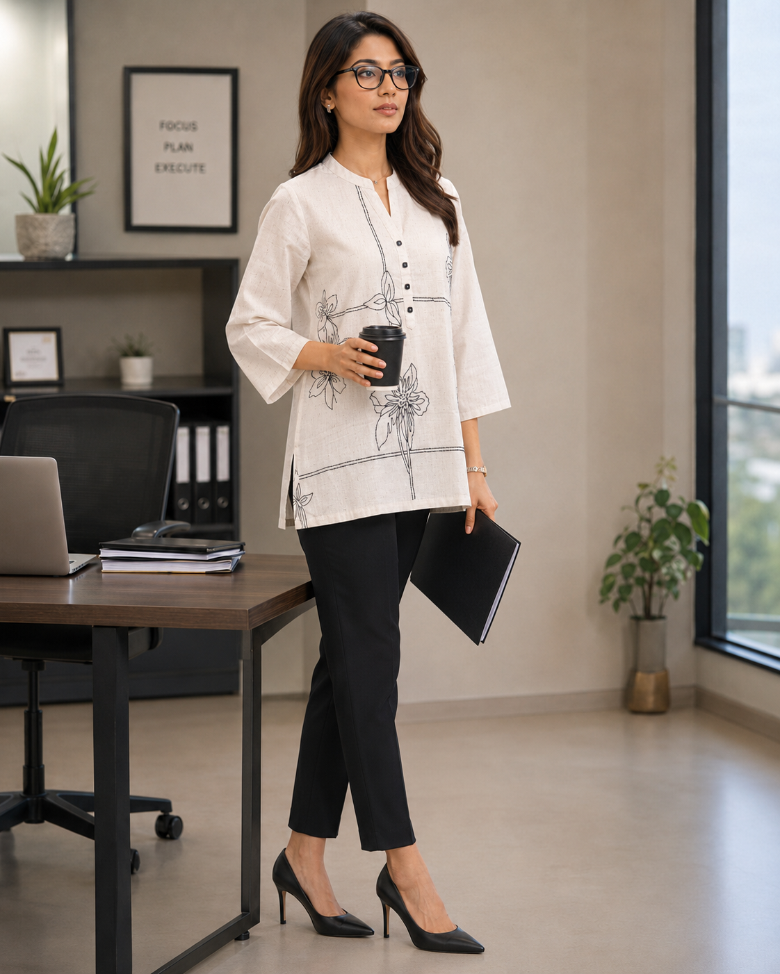 Cream Linen Black Thread Work Kurti