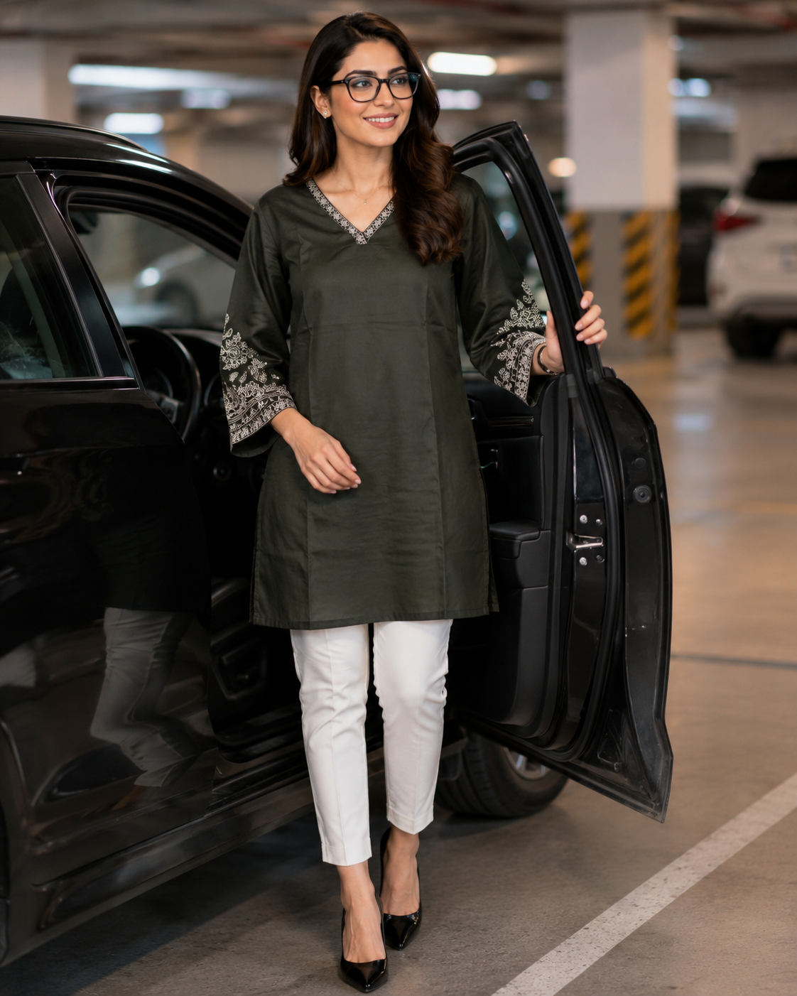 Dark Olive Embroidered Sleeve Kurti