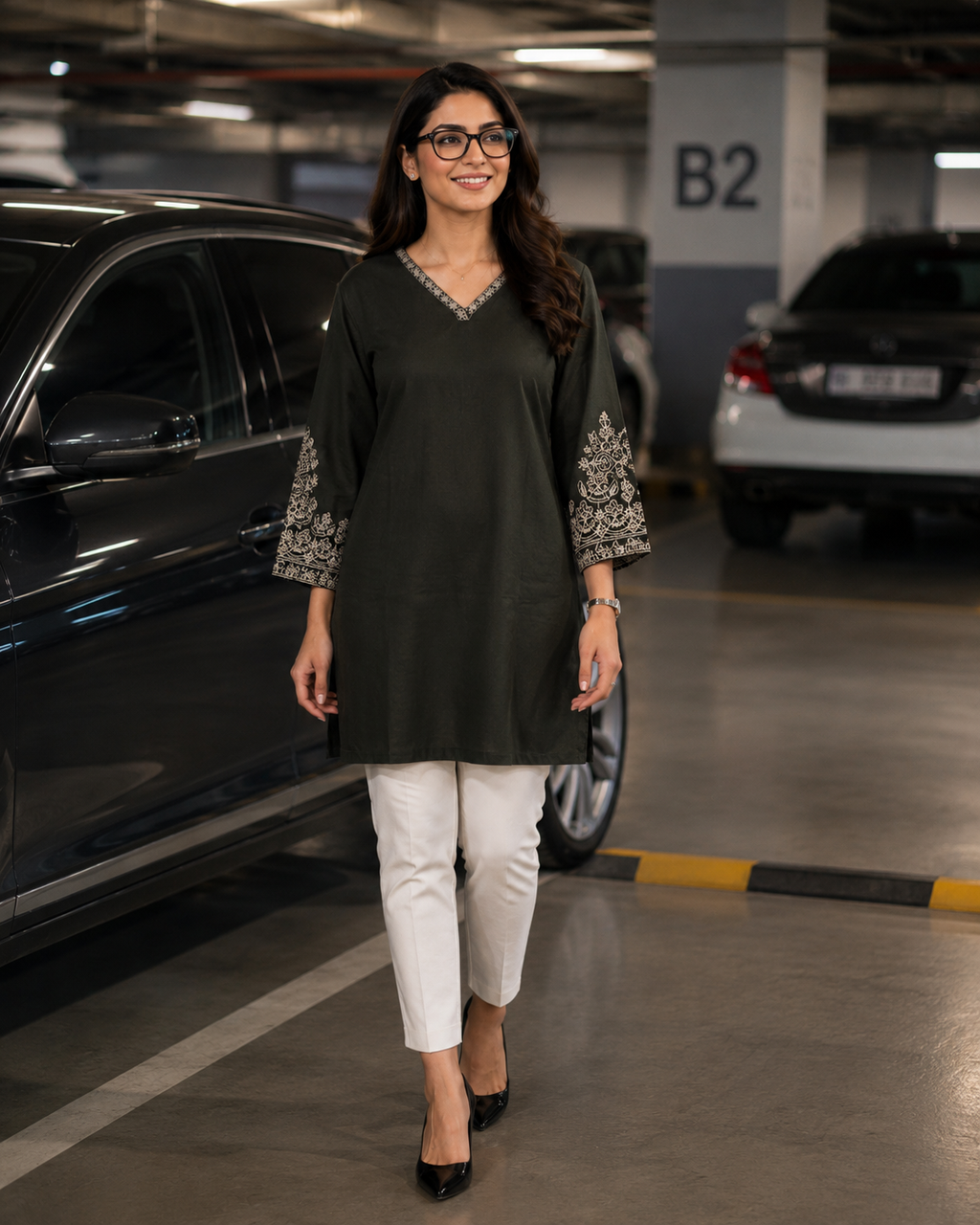 Dark Olive Embroidered Sleeve Kurti