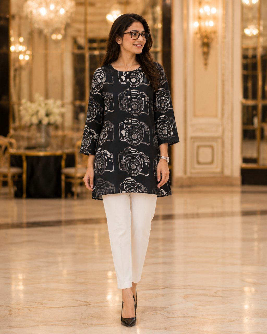 Black Camera Print Fashion Kurti