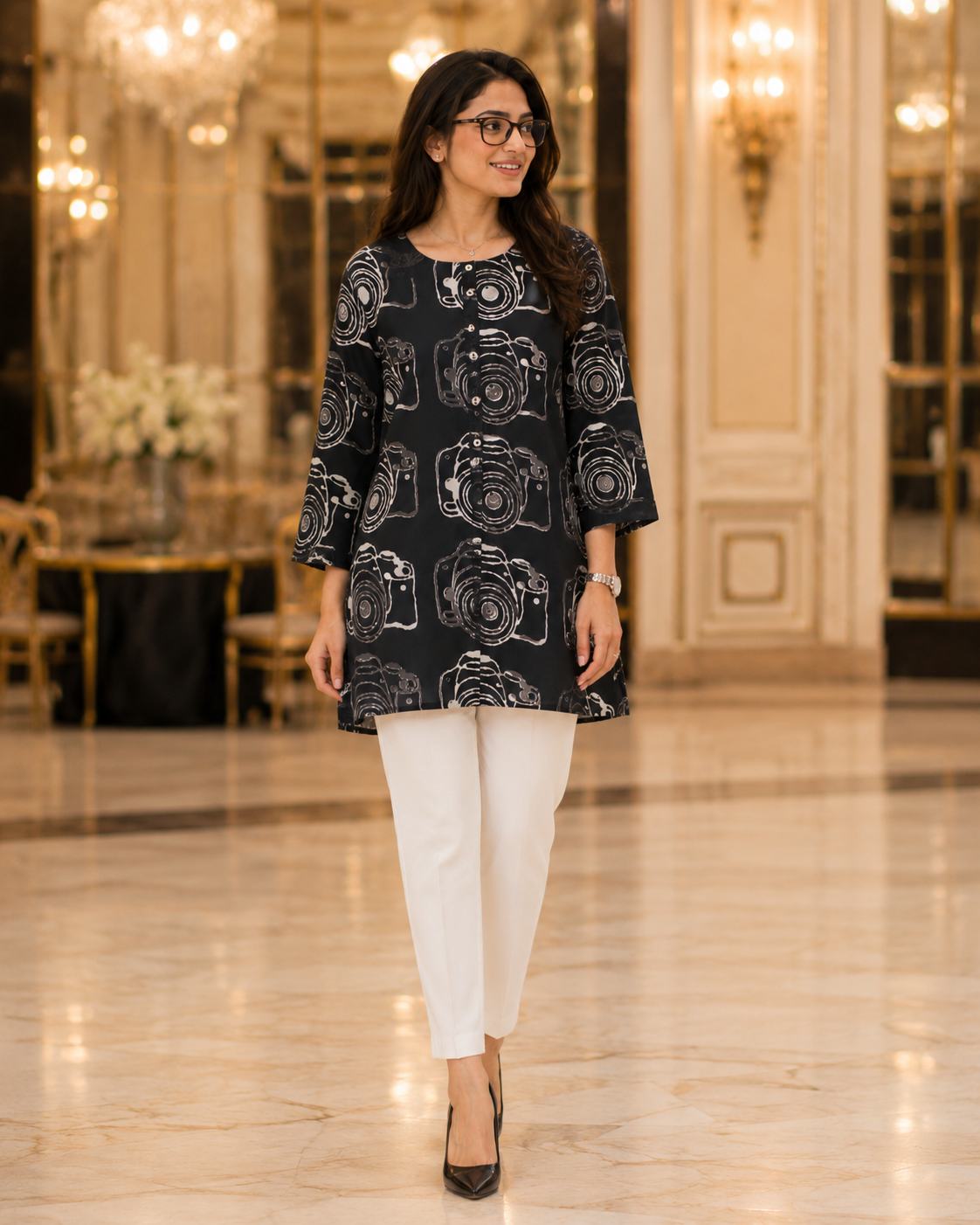 Black Camera Print Fashion Kurti