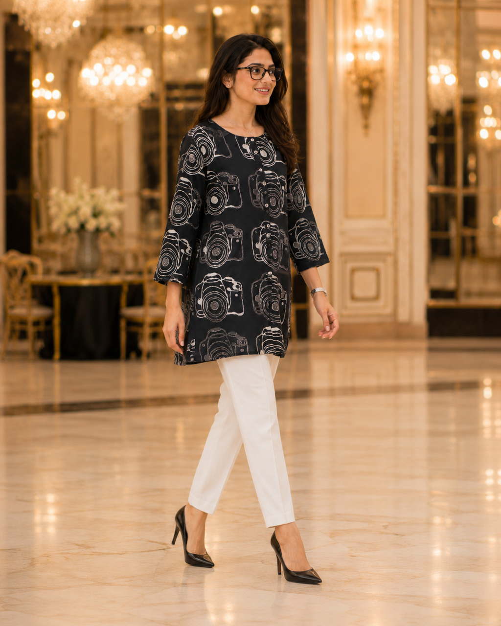 Black Camera Print Fashion Kurti