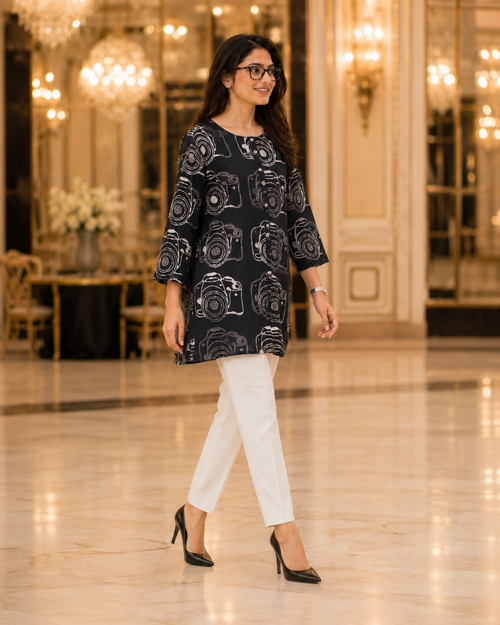Black Camera Print Fashion Kurti