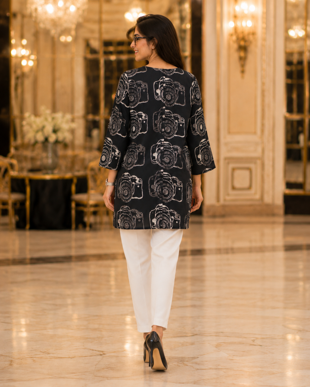 Black Camera Print Fashion Kurti