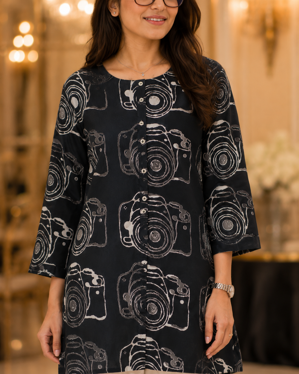 Black Camera Print Fashion Kurti