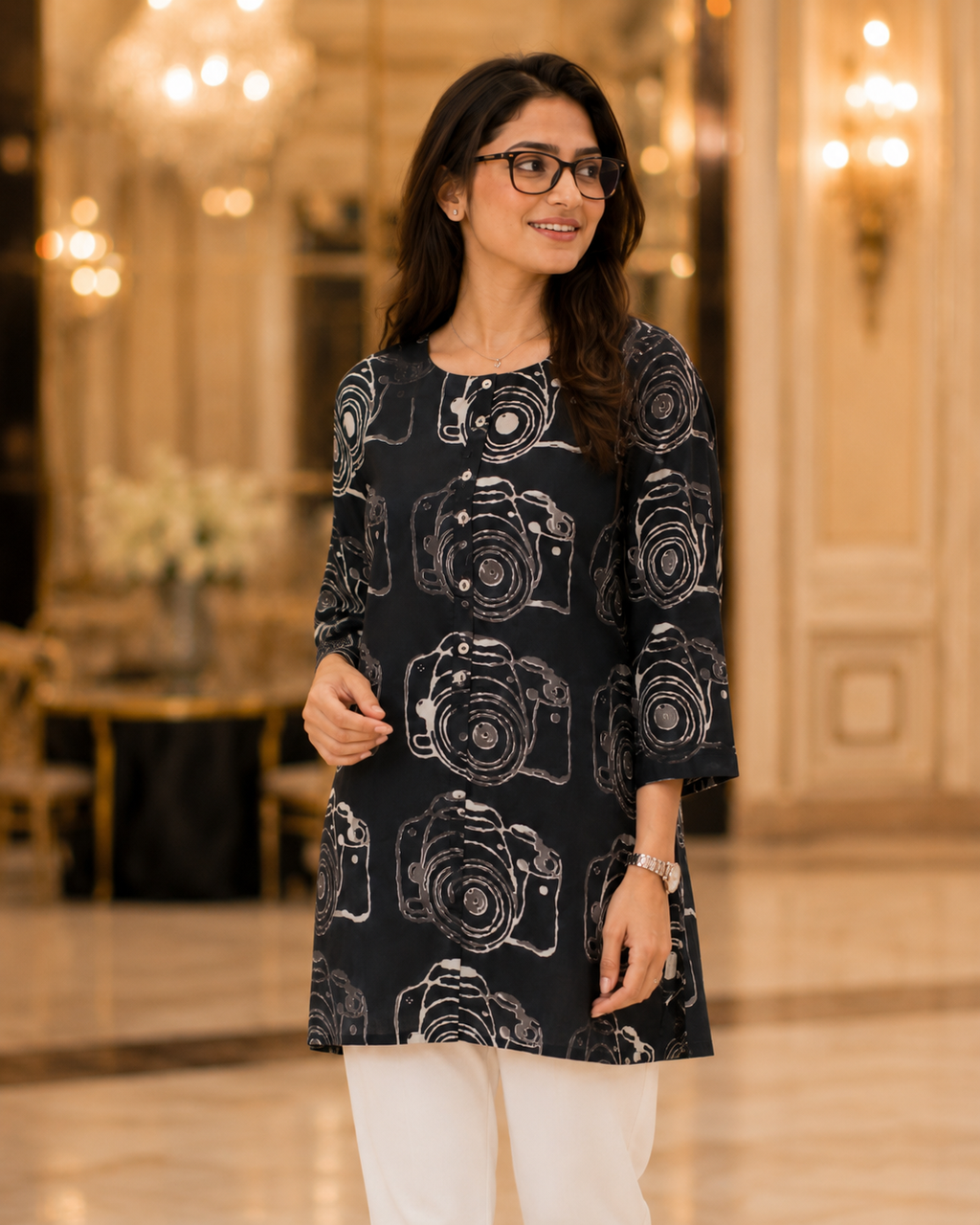 Black Camera Print Fashion Kurti