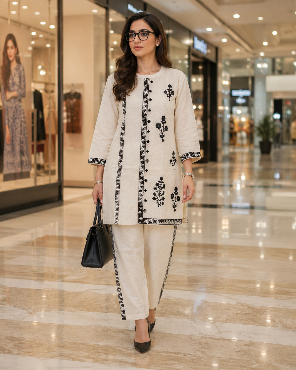 Cream Embroidered Kurti Co-Ord Set with Matching Trouser