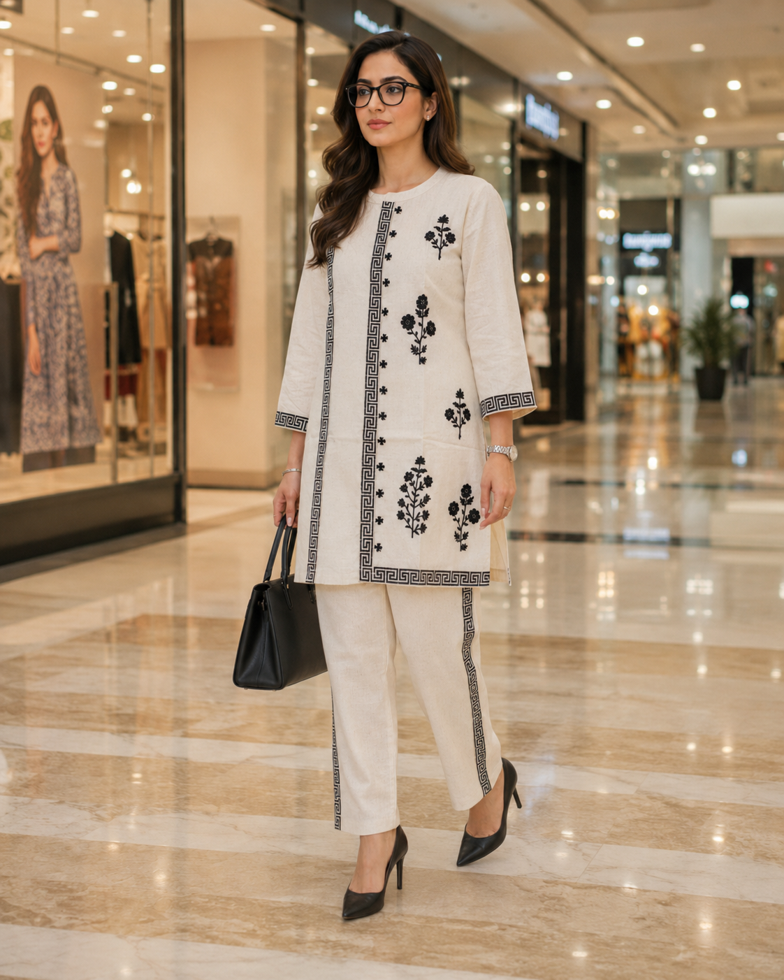 Cream Embroidered Kurti Co-Ord Set with Matching Trouser