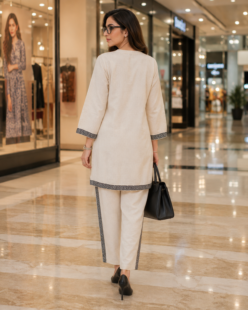 Cream Embroidered Kurti Co-Ord Set with Matching Trouser