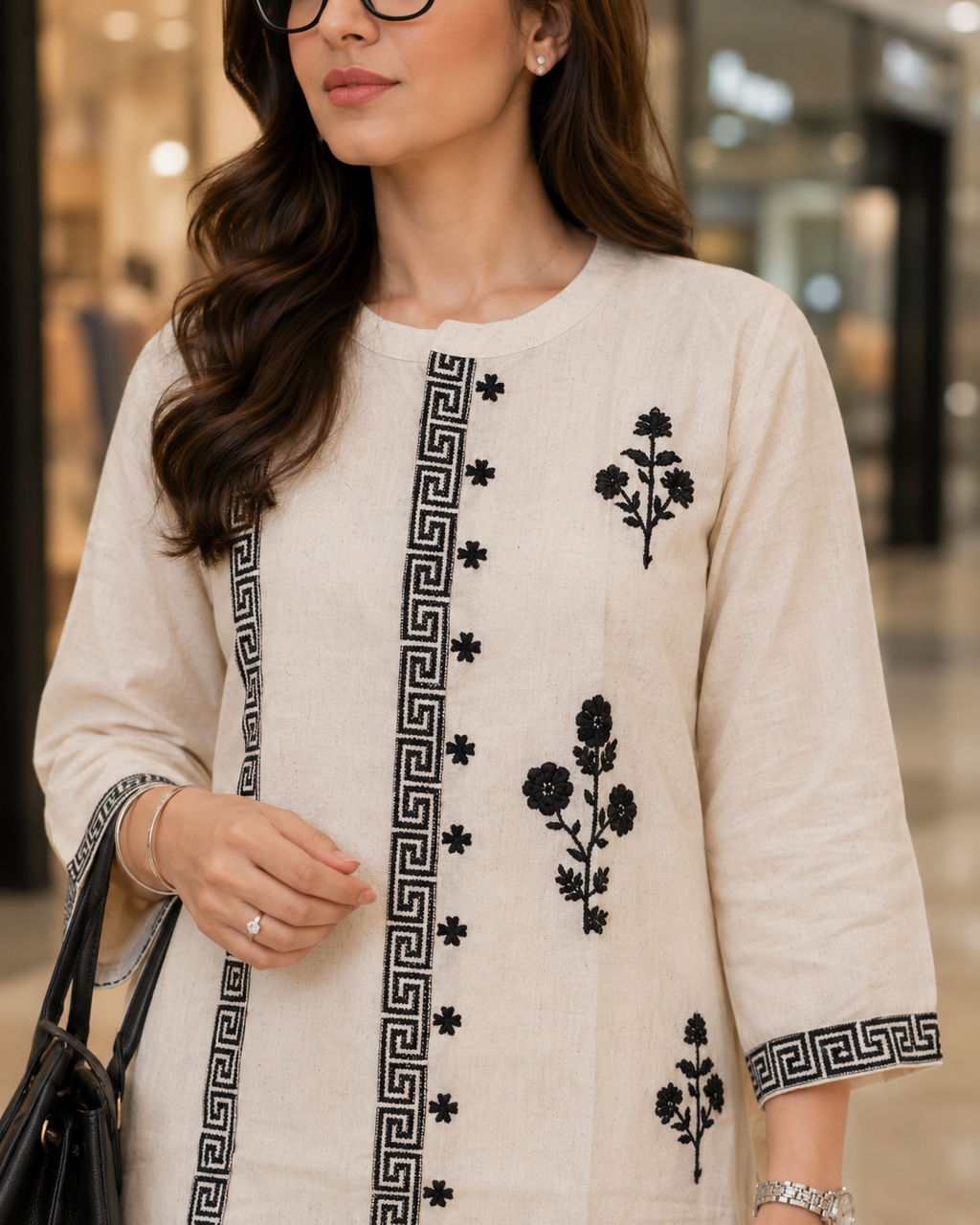 Cream Embroidered Kurti Co-Ord Set with Matching Trouser