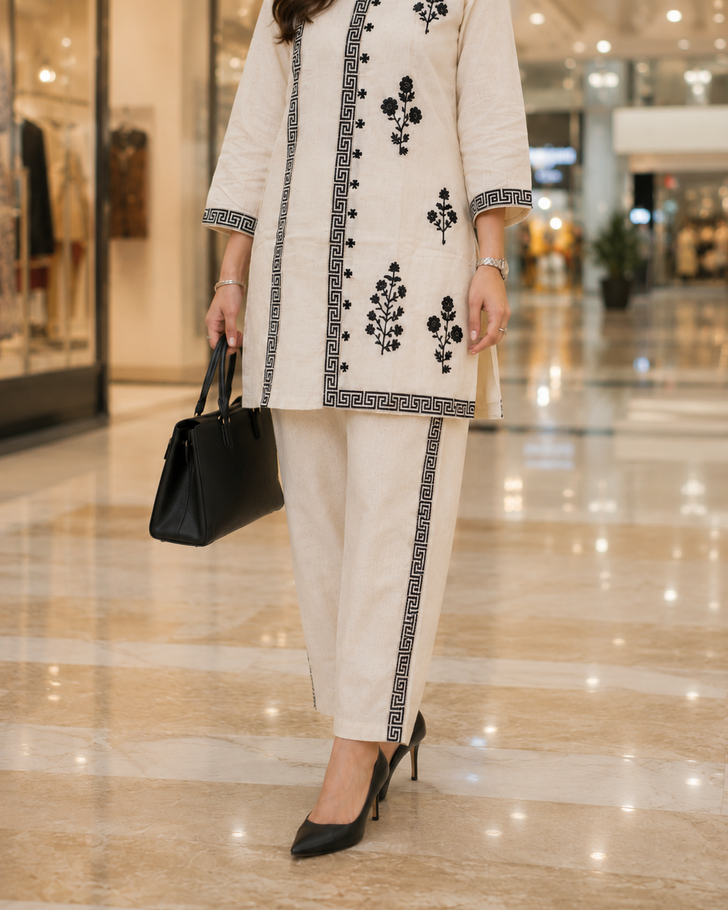 Cream Embroidered Kurti Co-Ord Set with Matching Trouser